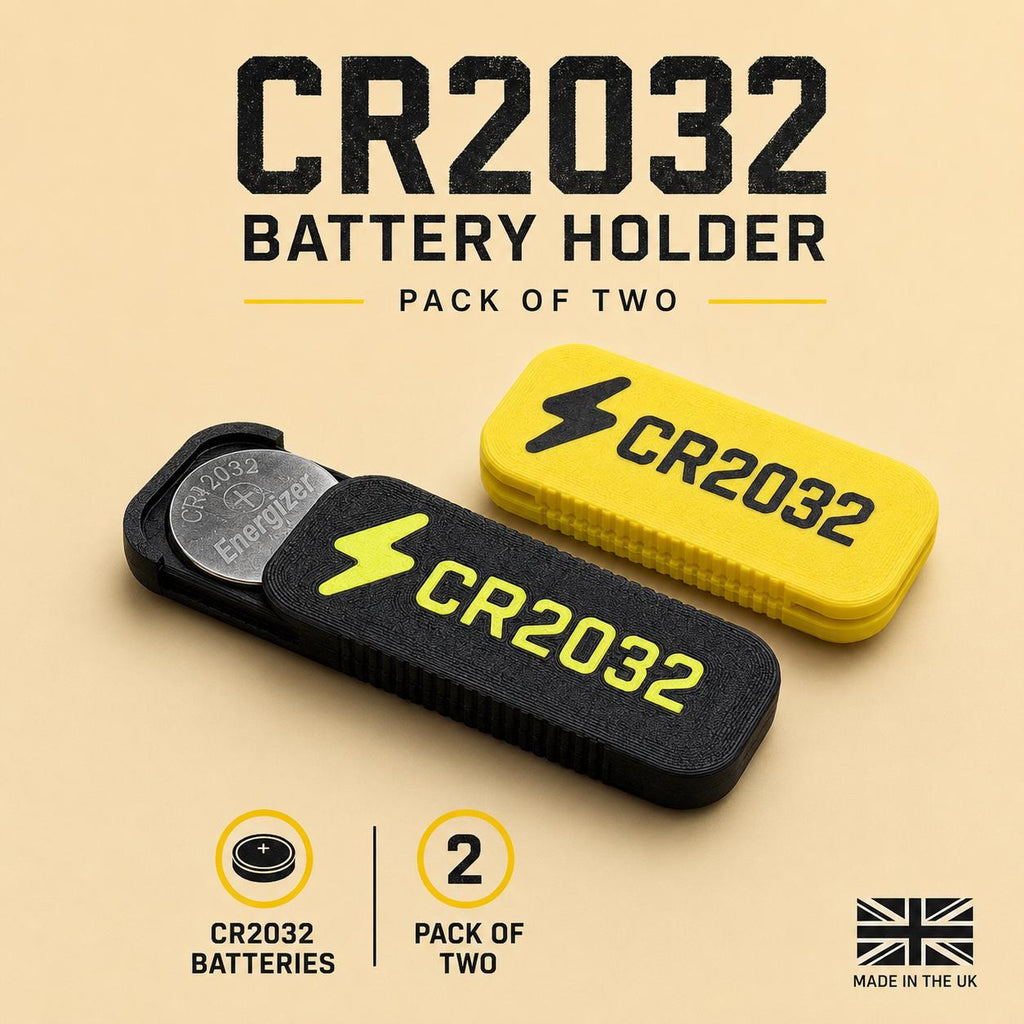 CR2032 Battery Holder Pack of 2 High-Vis Coin Cell Battery Case for Cycling EDC Travel – Made in UK