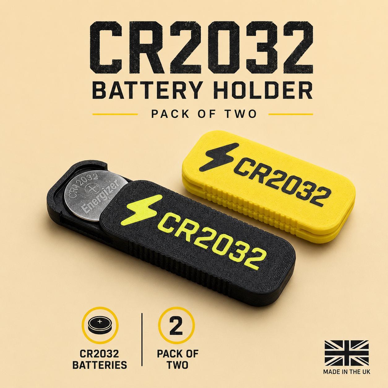 CR2032 Battery Holder Pack of 2 High-Vis Coin Cell Battery Case for Cycling EDC Travel – Made in UK