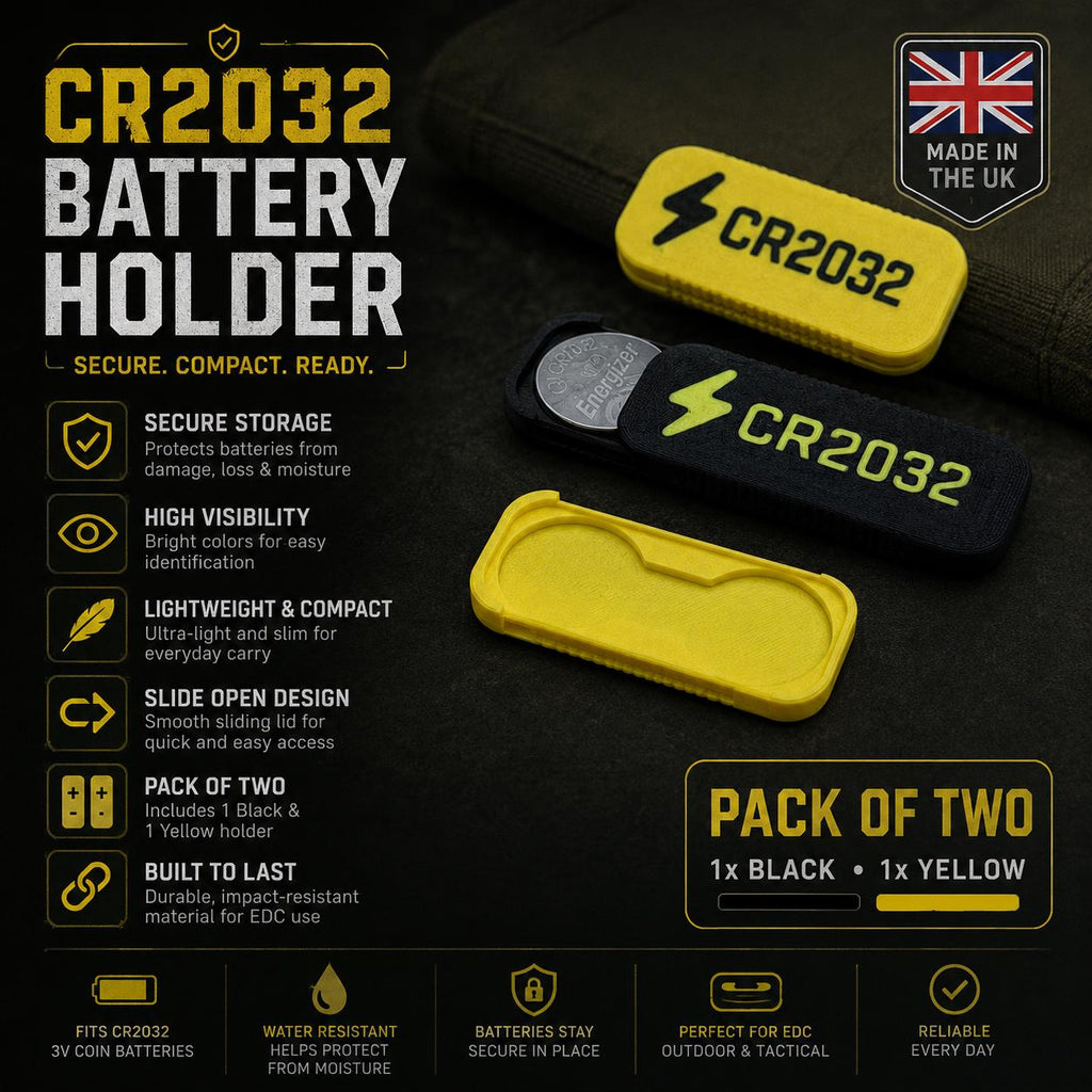 CR2032 Battery Holder Pack of 2 High-Vis Coin Cell Battery Case for Cycling EDC Travel – Made in UK