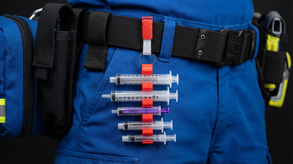 PrepClip Syringe Holder | 5-Slot Clip for Nurses, Paramedics and Hospital Staff | ECG & ID Card Slot