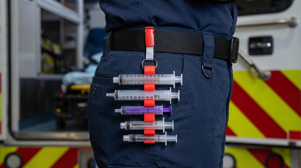 PrepClip Syringe Holder | 5-Slot Clip for Nurses, Paramedics and Hospital Staff | ECG & ID Card Slot