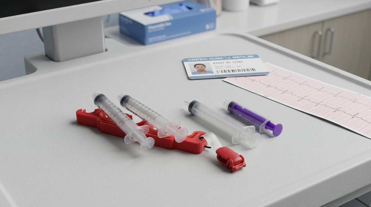 PrepClip Syringe Holder | 5-Slot Clip for Nurses, Paramedics and Hospital Staff | ECG & ID Card Slot